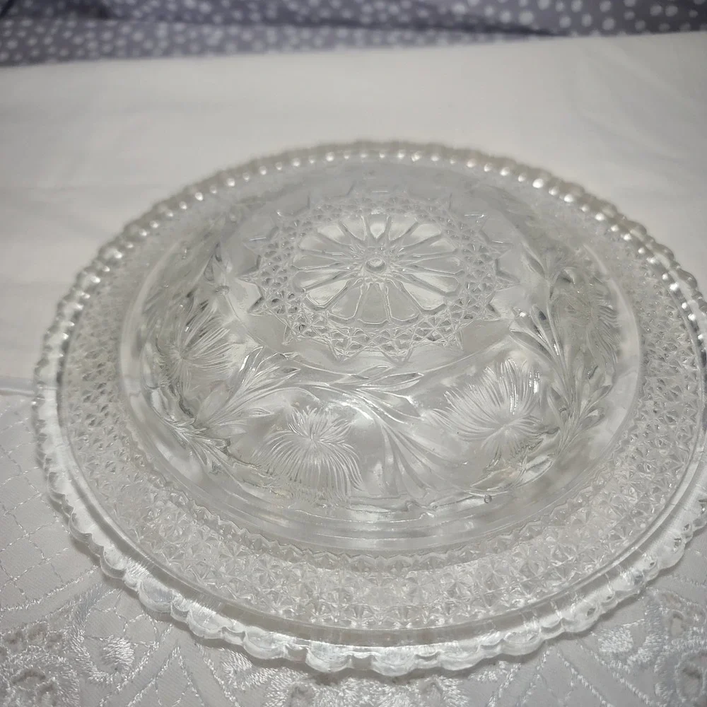 Antique EAPG Indiana Pressed Glass Shallow Dish Bowl‎ ROSEPOINT BAND WATER LILY